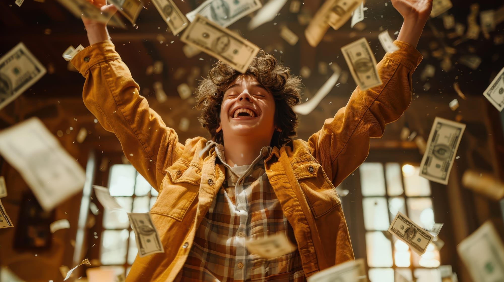 Homem sorrindo jogando notas de dinheiro para o ar